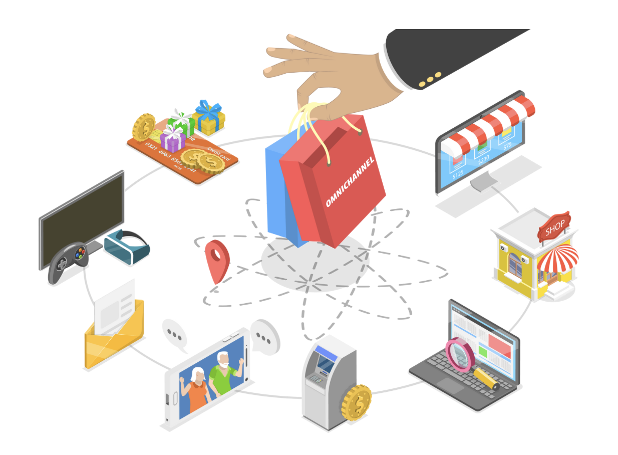 A hand holding a shopping bag amidst a variety of devices. Illustrates a customized shopping experience